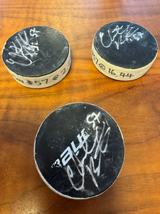 Chris Bruton 3 hat trick pucks from 2015-2016 play off Semi Final, all signed and taped