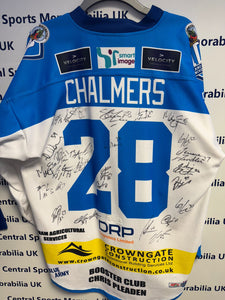 Steve Chalmers Game Worn Jersey with fight strap, fully signed on rear - Play off winning season