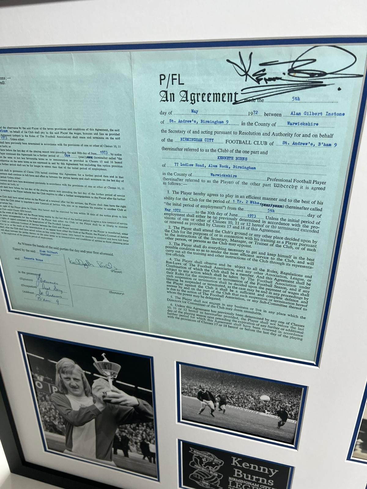 Birmingham City Kenny Burns Legend Signed Frame - Incredible! Double sided! With original contract and cheque.