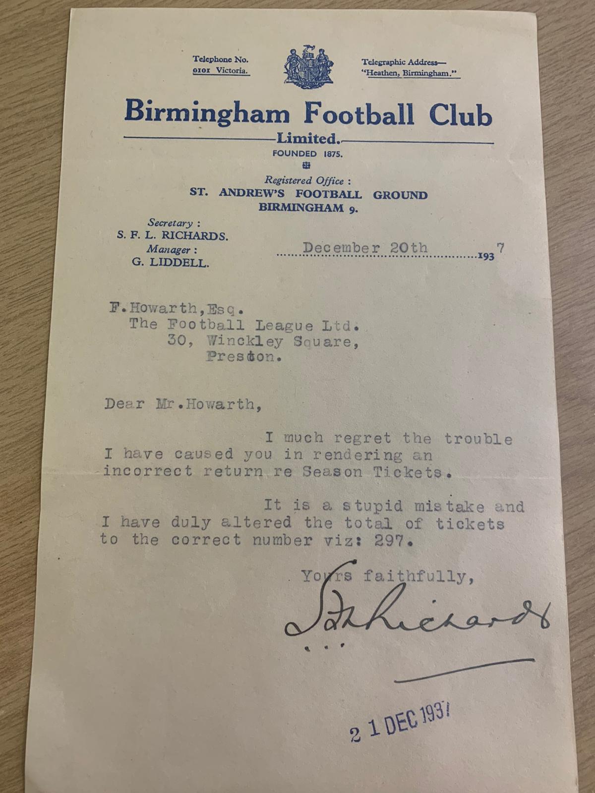 Original Birmingham City Letter to the Football League Dated December 20th 1937