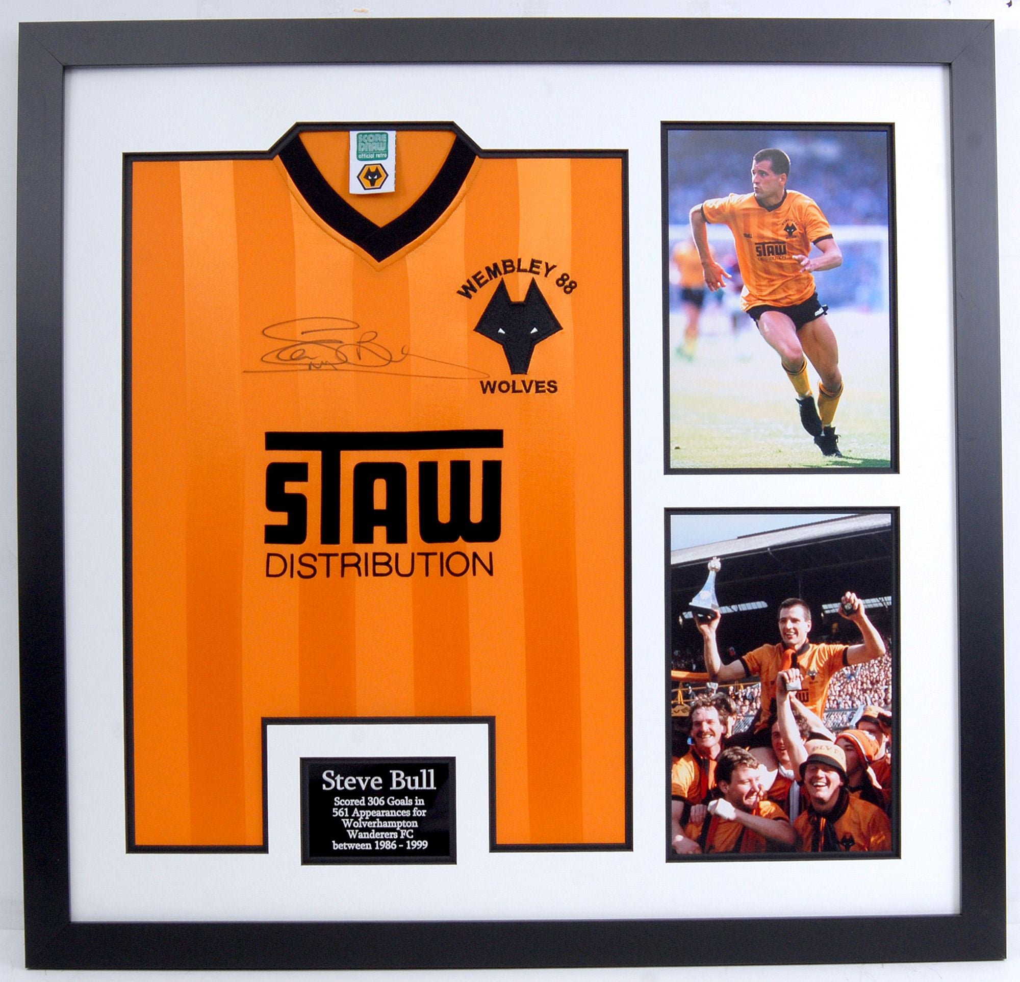 Steve Bull Signed and Framed Replica Wolves Shirt. 1988 ~ Free UK Shipping