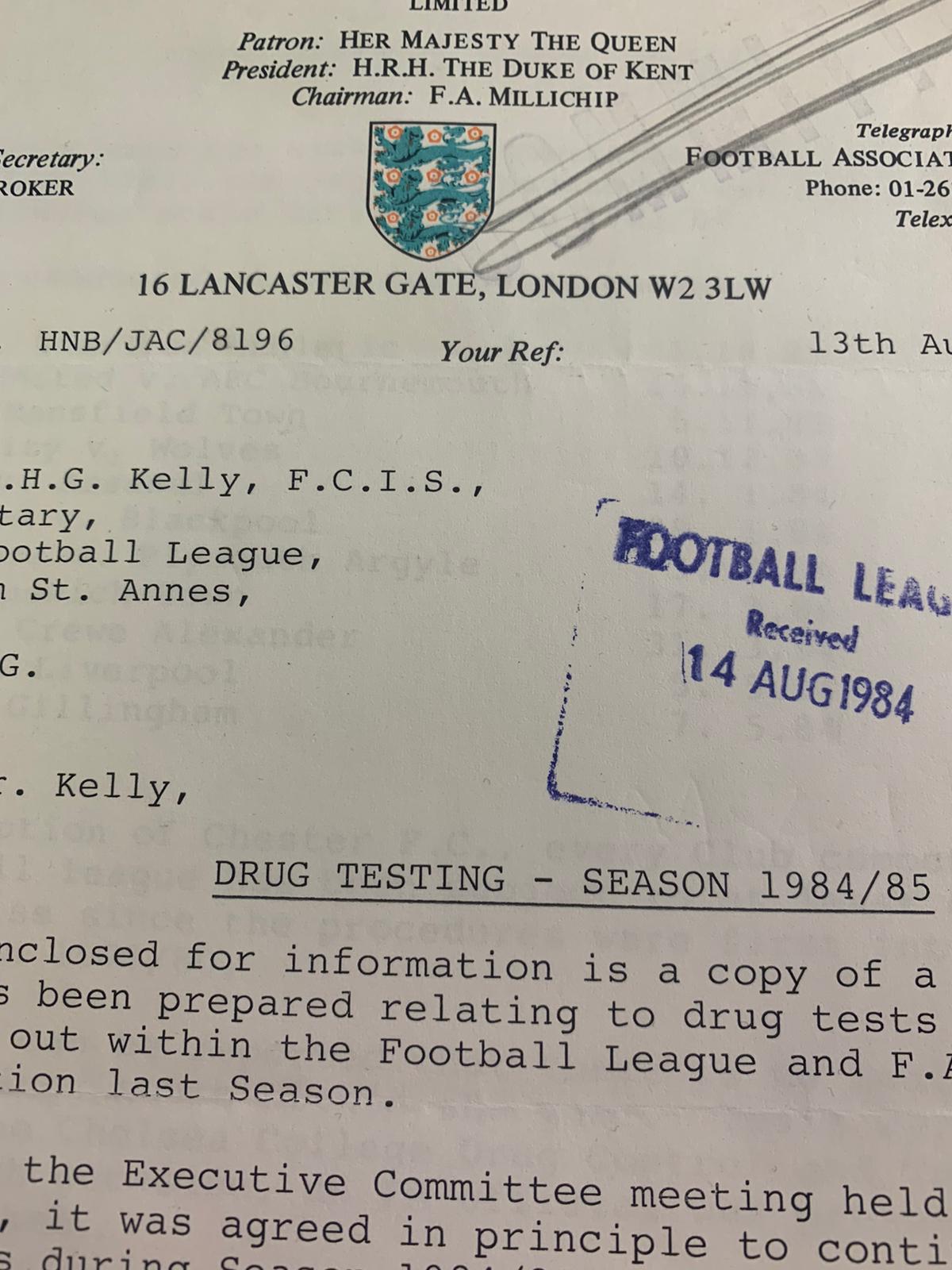 Two Official Football Association Letters Regarding Drug Testing from 1984-1986
