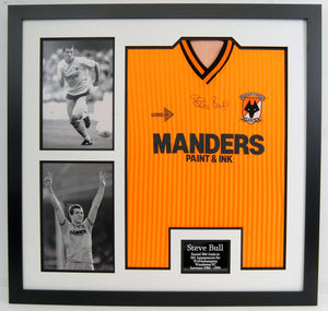 Steve Bull Signed and Framed Wolves Shirt. 1989-1990. Manders Paint and Ink Sponsor