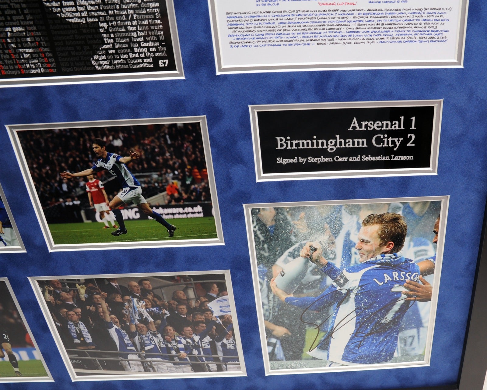Stephen Carr and Sebastian Larsson Signed Birmingham City Carling Cup Frame with Clive Tyldsley's commentary notes