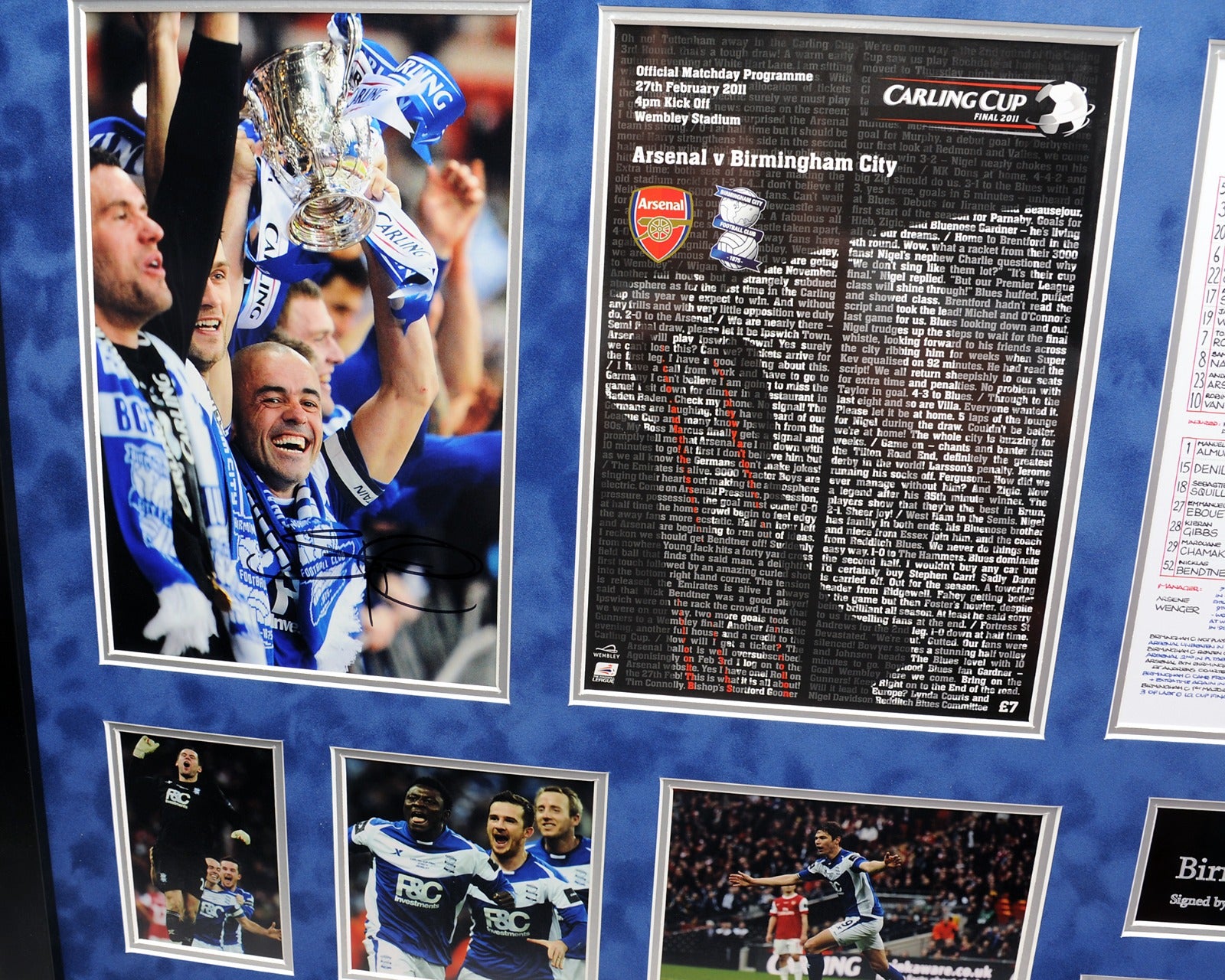 Stephen Carr and Sebastian Larsson Signed Birmingham City Carling Cup Frame with Clive Tyldsley's commentary notes