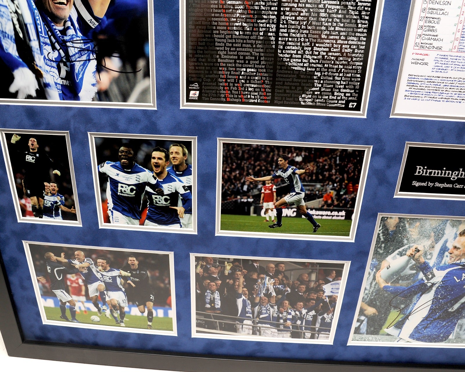 Stephen Carr and Sebastian Larsson Signed Birmingham City Carling Cup Frame with Clive Tyldsley's commentary notes