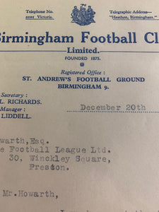 Original Birmingham City Letter to the Football League Dated December 20th 1937