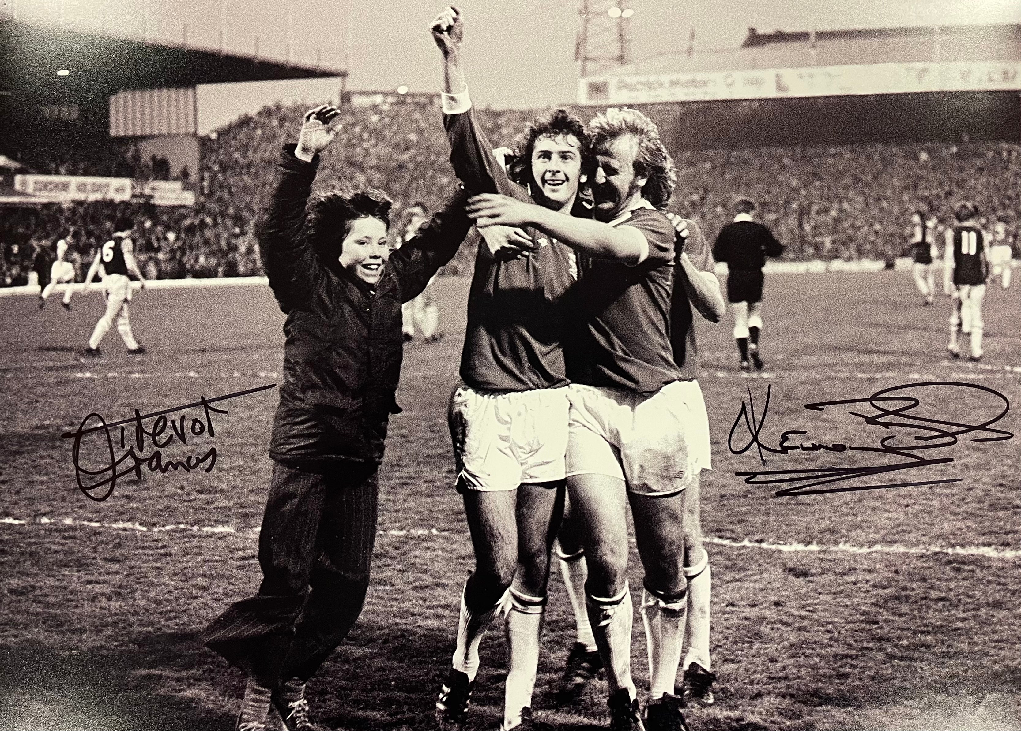 16 x 12" Photo - Trevor Francis and Kenny Burns celebrate a goal against Aston Villa. Signed by both players