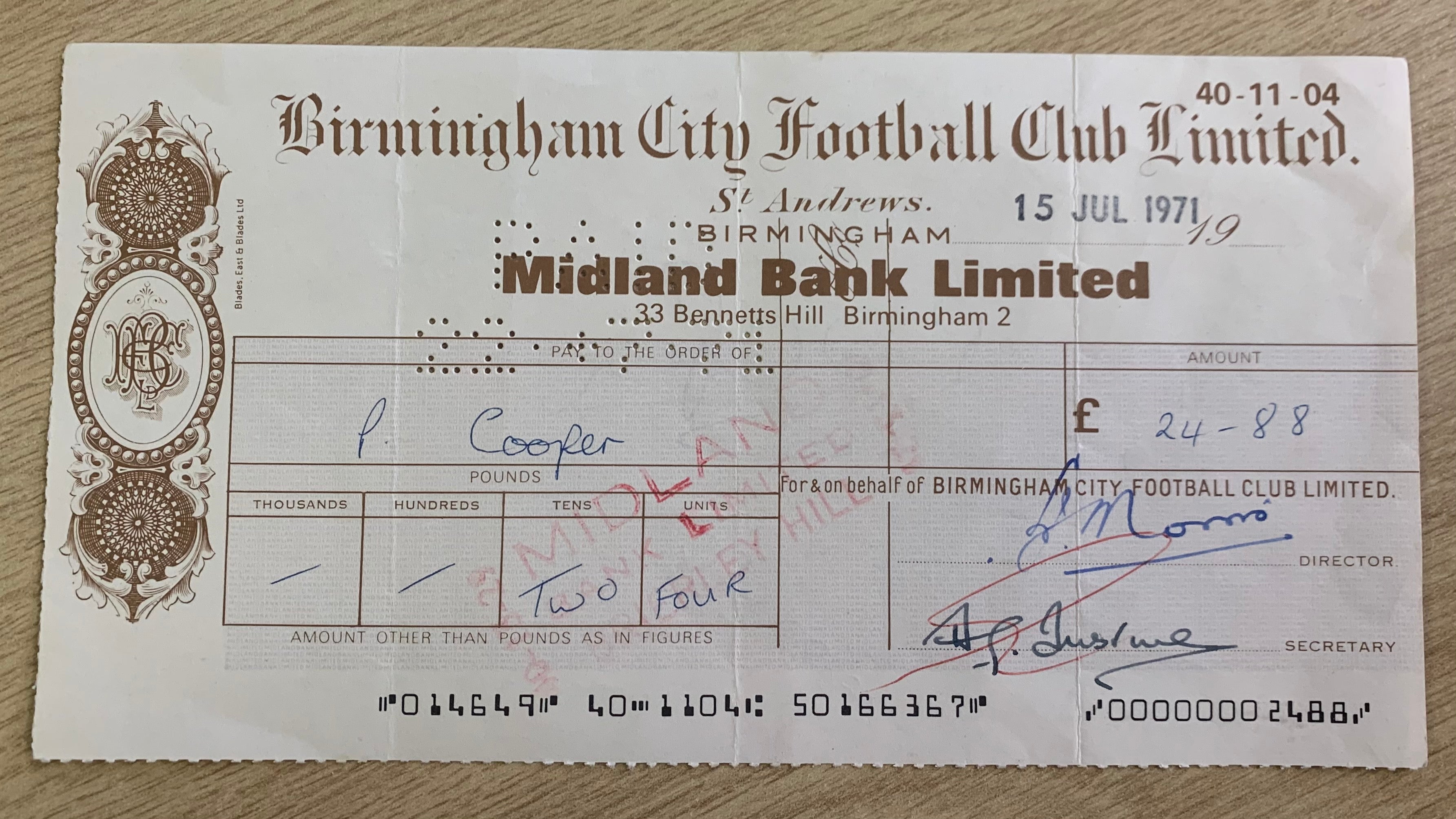 Signed / Autographed Birmingham City Player (Paul Cooper) Cheque - Paul Cooper