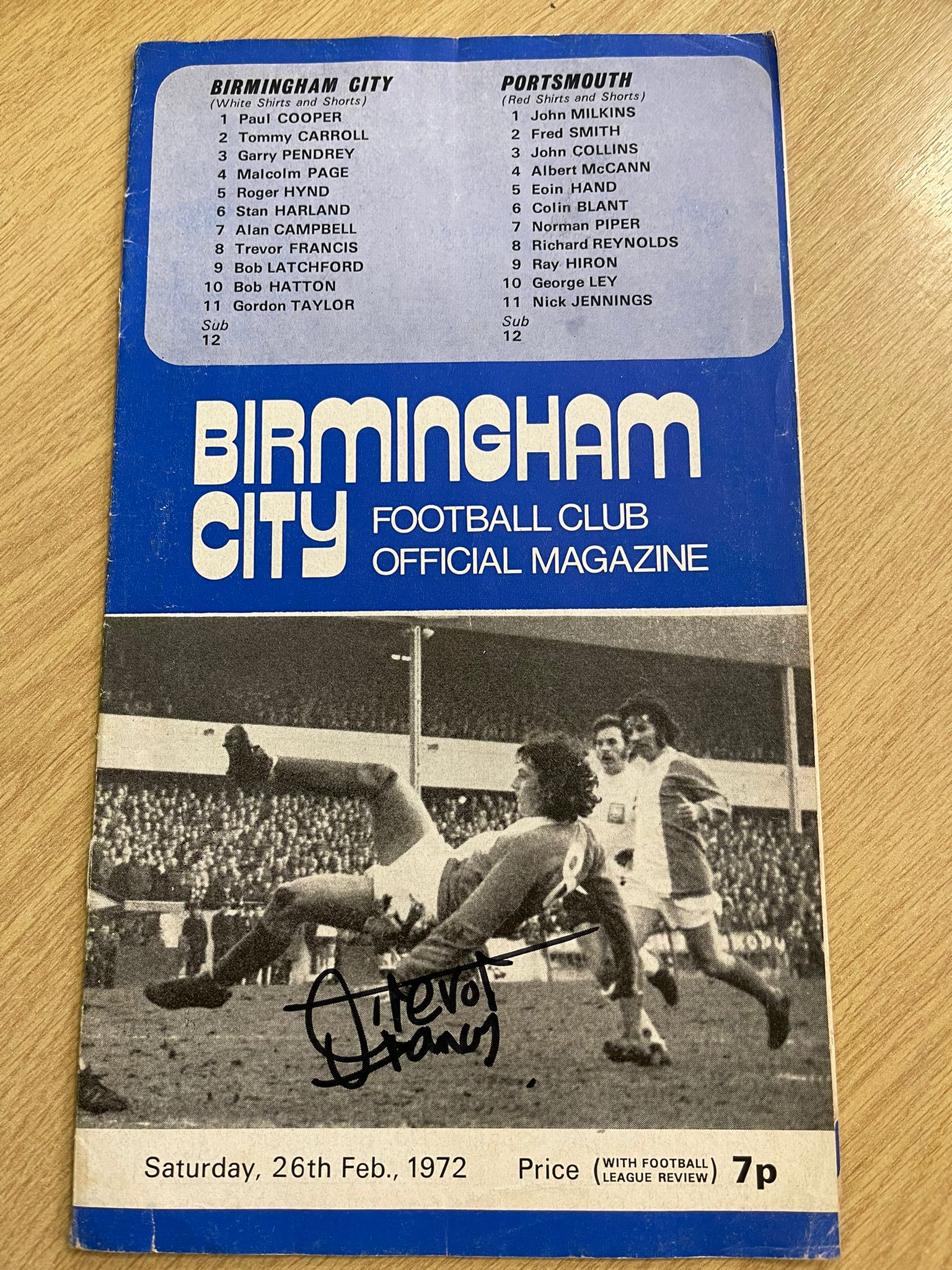 Birmingham City v Portsmouth 26/02/1972 Match Programme Signed by Trevor Francis